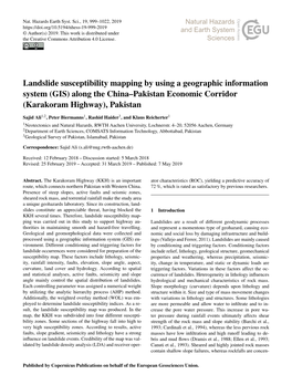Landslide Susceptibility Mapping by Using a Geographic Information System (GIS) Along the China–Pakistan Economic Corridor (Karakoram Highway), Pakistan