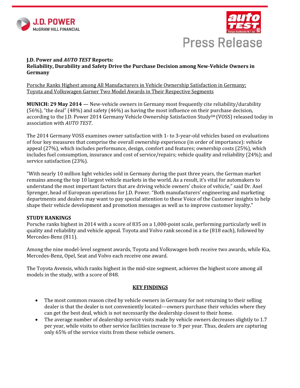 J.D. Power and AUTO TEST Reports: Reliability, Durability and Safety Drive the Purchase Decision Among New-Vehicle Owners in Germany