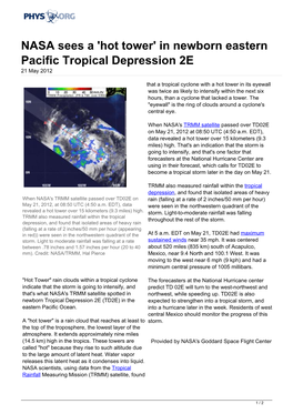 NASA Sees a 'Hot Tower' in Newborn Eastern Pacific Tropical Depression 2E 21 May 2012