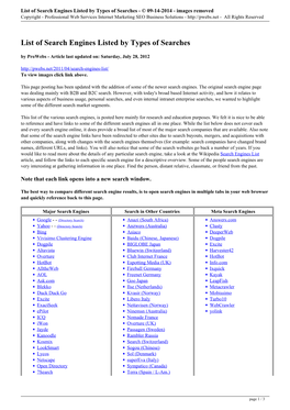 List of Search Engines Listed by Types of Searches