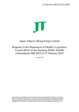Japan Tobacco (Hong Kong) Limited Response to the Department of Health's Legislative Council Brief on the Smoking (Public Heal