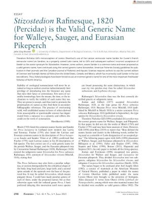 (Percidae) Is the Valid Generic Name for Walleye, Sauger, and Eurasian