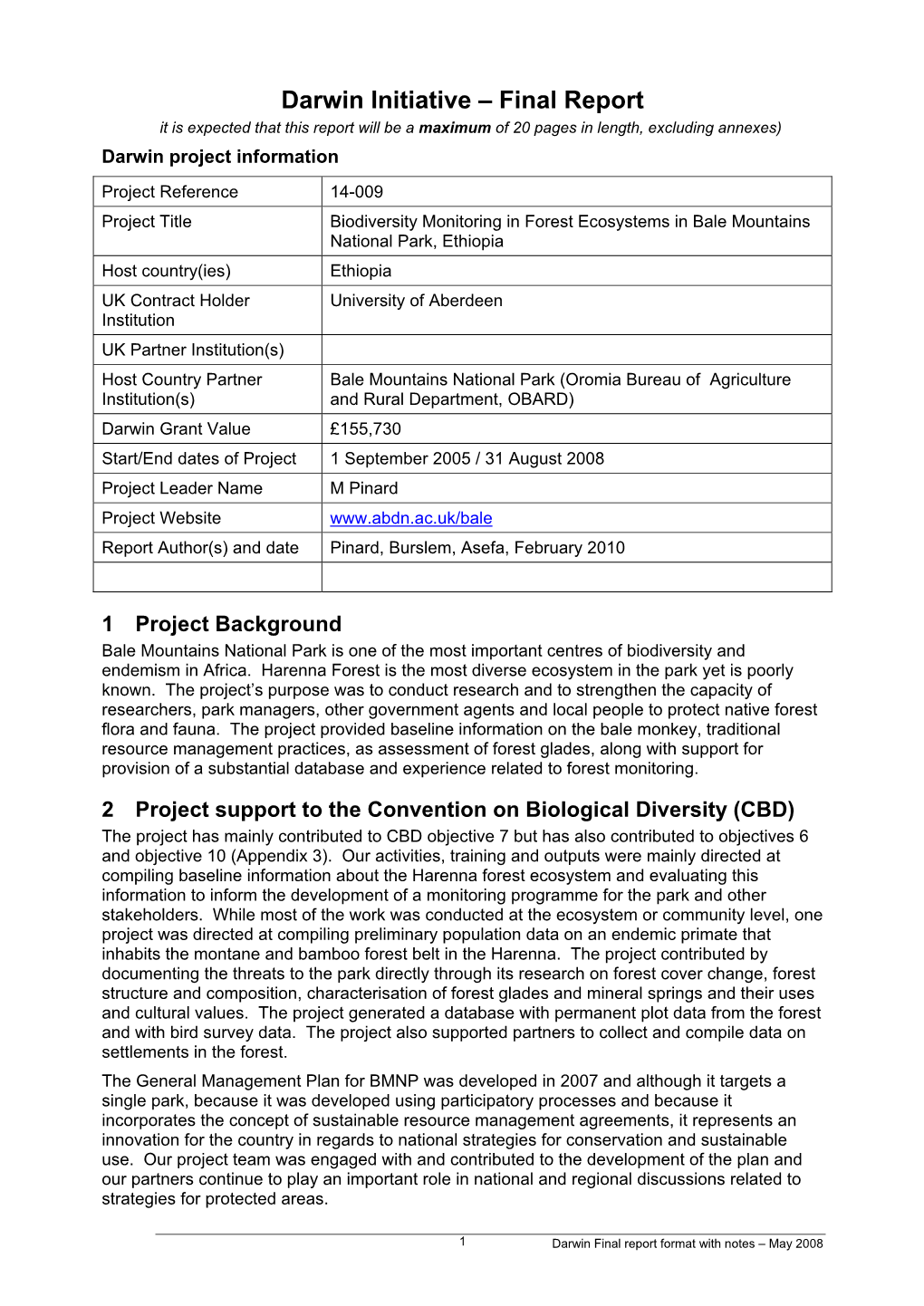 Final Report It Is Expected That This Report Will Be a Maximum of 20 Pages in Length, Excluding Annexes) Darwin Project Information