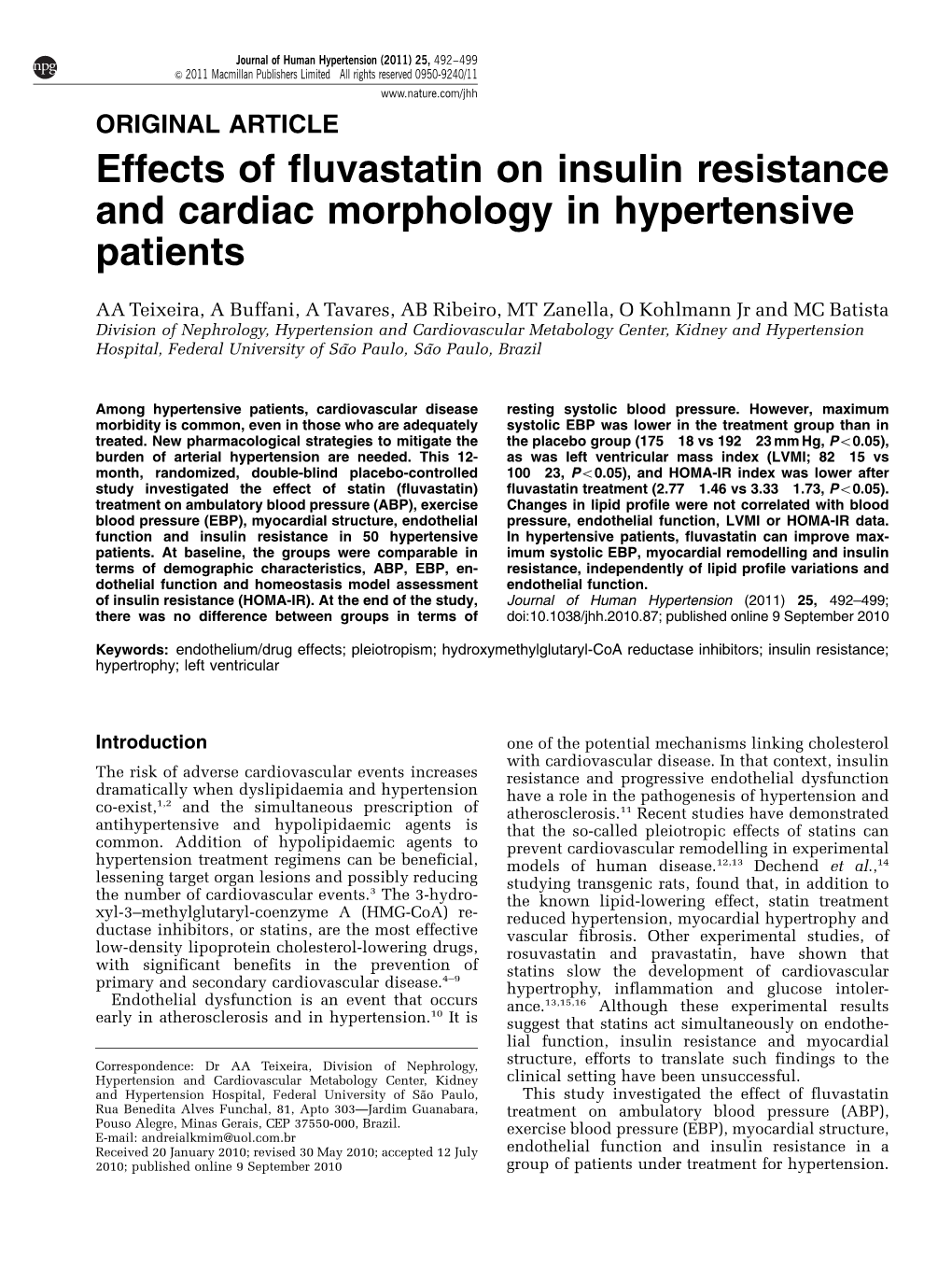 Effects of Fluvastatin on Insulin Resistance and Cardiac Morphology in Hypertensive Patients