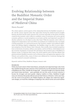 Evolving Relationship Between the Buddhist Monastic Order and the Imperial States of Medieval China Mario Poceski*