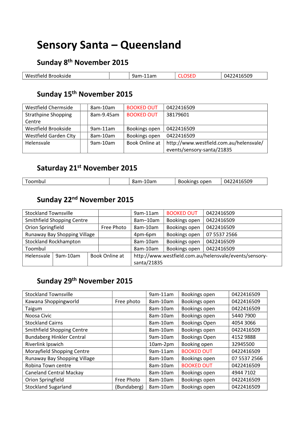 Sensory Santa – Queensland Sunday 8Th November 2015