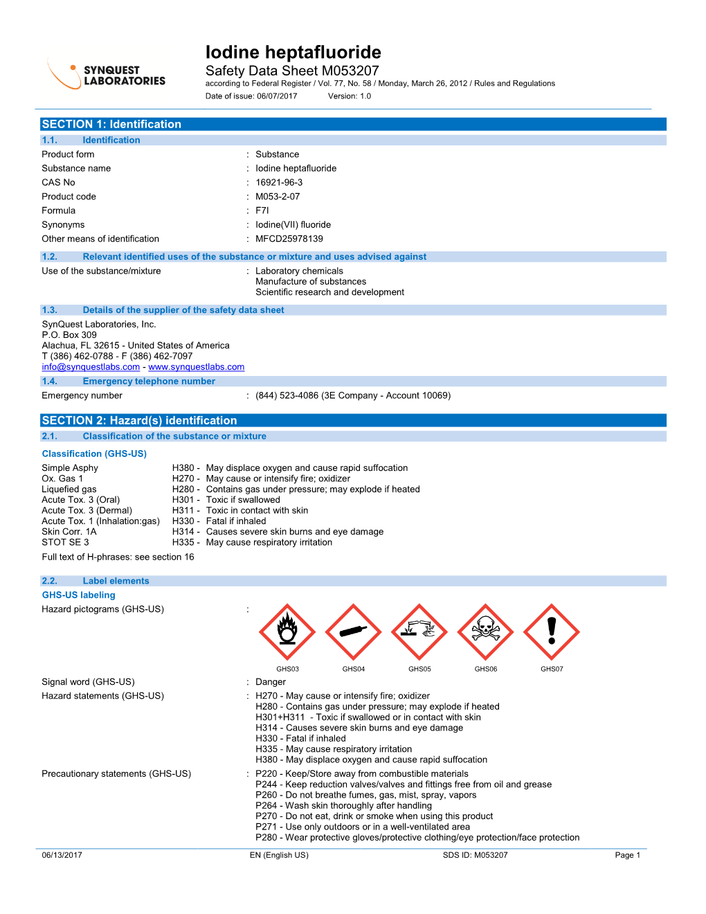 Iodine Heptafluoride Safety Data Sheet M053207 According to Federal Register / Vol