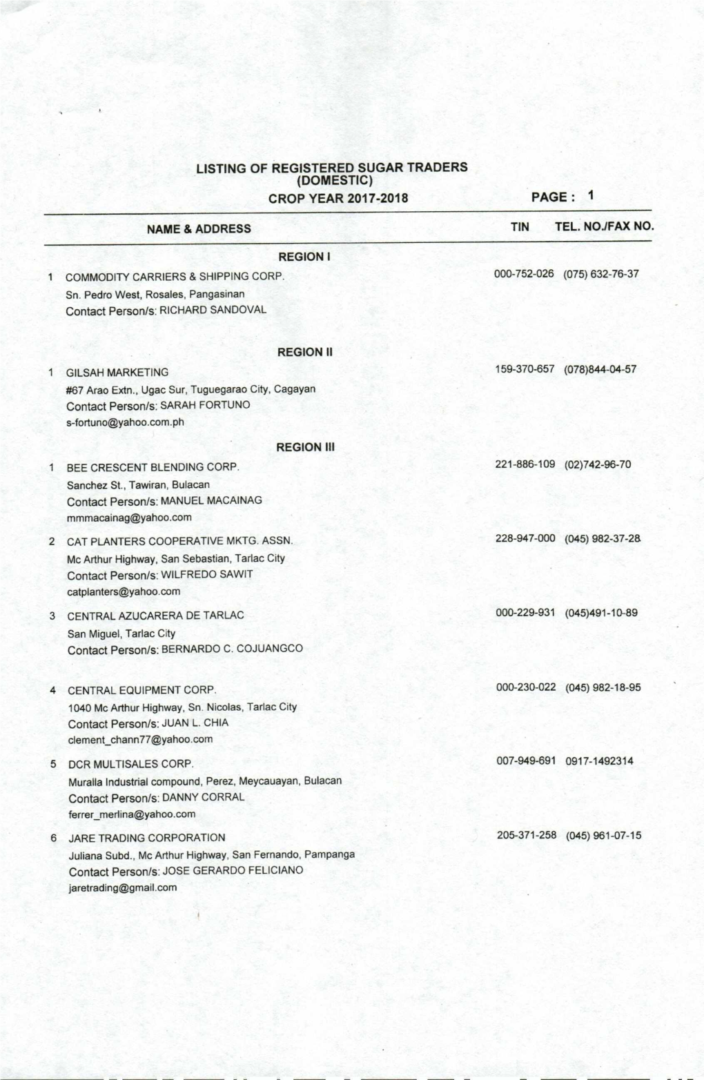 Listing of Registered Sugar Traders (Domestic) Crop Year 2017-2018� Page : 1