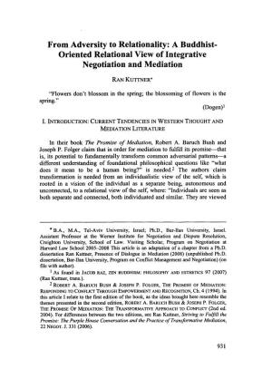From Adversity to Relationality: a Buddhist-Oriented View of Integrative Negotiation and Mediation
