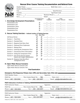 Rescue Diver Course Training Documentation and Referral Form