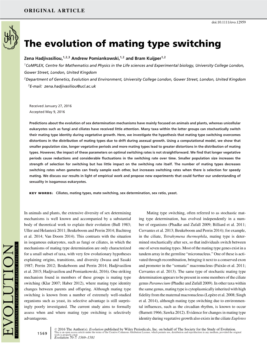 The Evolution of Mating Type Switching