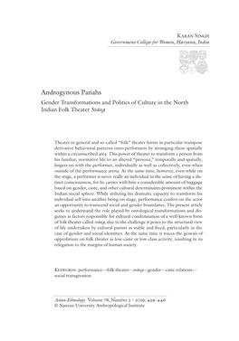 Androgynous Pariahs Gender Transformations and Politics of Culture in the North Indian Folk Theater Svāṅg