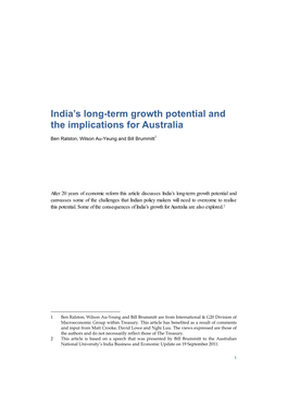 India's Long Term Growth Potential and the Implications For