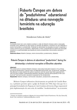 Roberto Campos Em Defesa Do “Produtivismo” Educacional Na Ditadura: Uma Concepção Tecnicista Na Educação Brasileira