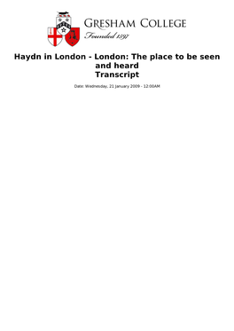 Haydn in London - London: the Place to Be Seen and Heard Transcript