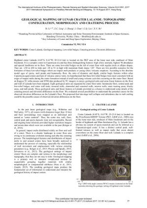 Geological Mapping of Lunar Crater Lalande: Topographic Configuration, Morphology and Cratering Process
