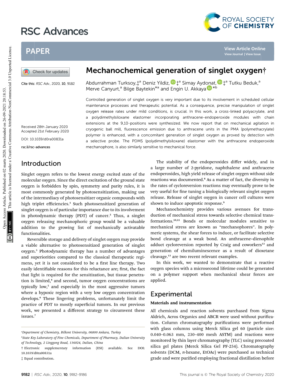 Mechanochemical Generation of Singlet Oxygen†