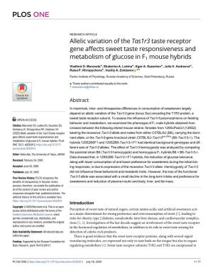 Allelic Variation of the Tas1r3 Taste Receptor Gene Affects Sweet Taste Responsiveness And