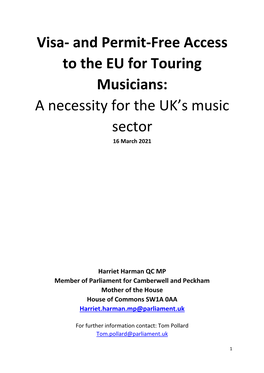 Visa- and Permit-Free Access to the EU for Touring Musicians: a Necessity for the UK’S Music Sector 16 March 2021