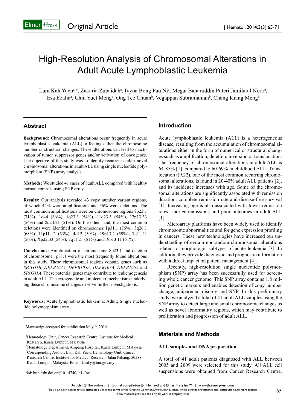 High-Resolution Analysis of Chromosomal Alterations in Adult Acute Lymphoblastic Leukemia