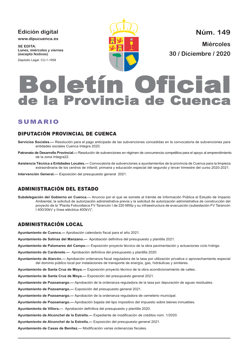 Boletín Oficial De La Provincia De Cuenca Sumario Diputación Provincial De Cuenca