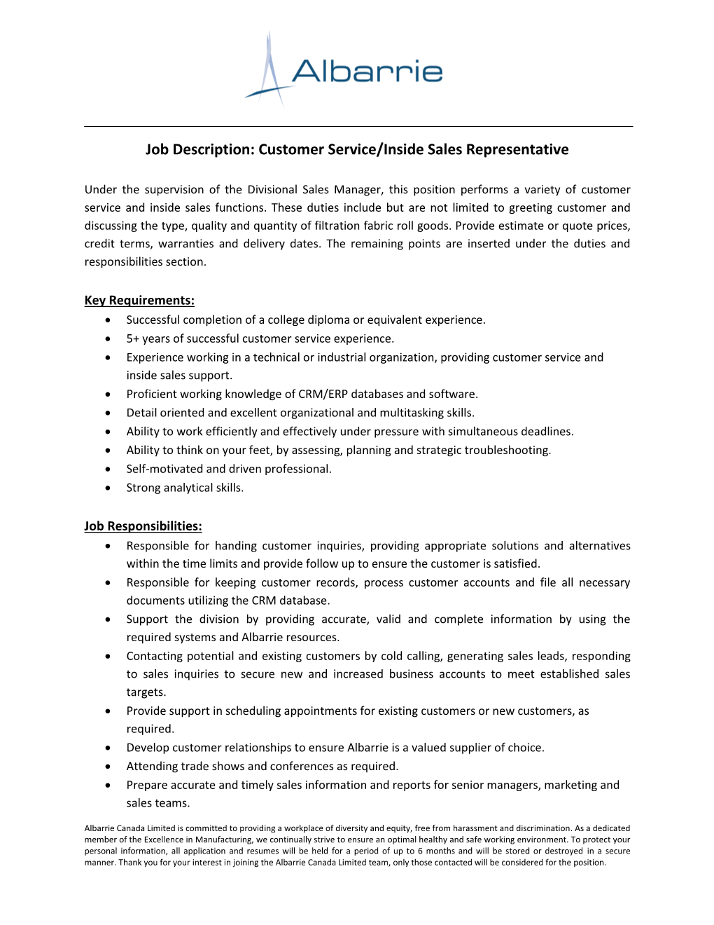 Job Description: Customer Service/Inside Sales Representative