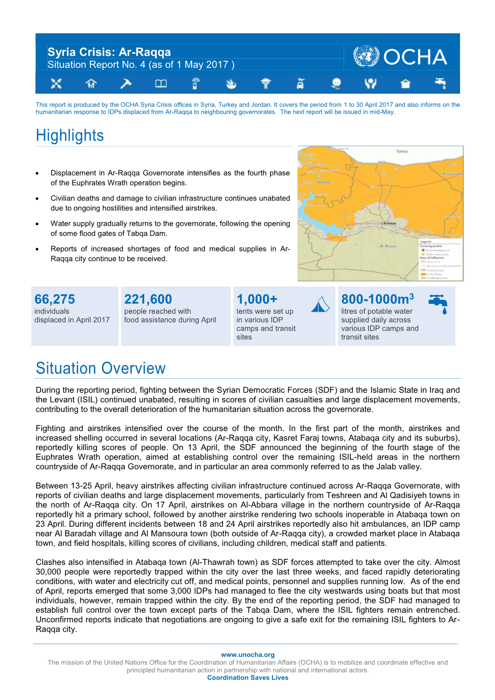 Syria Crisis: Ar-Raqqa Situation Report No. 4 (As of 1 May 2017 )