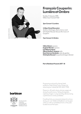 François Couperin: Lumière Et Ombre Sunday 14 January 2018, Milton Court Concert Hall