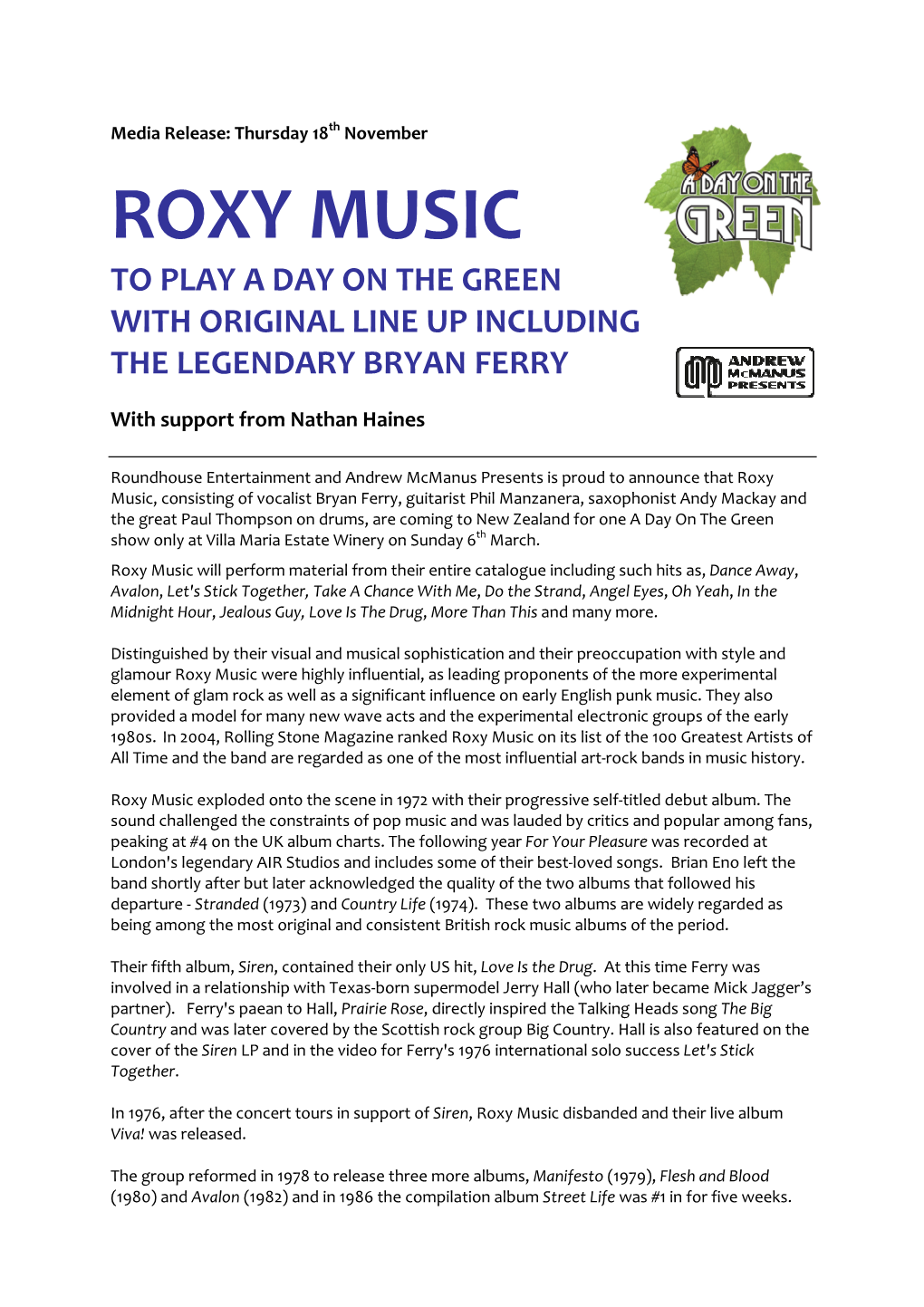 Roxy Music to Play a Day on the Green with Original Line up Including the Legendary Bryan Ferry