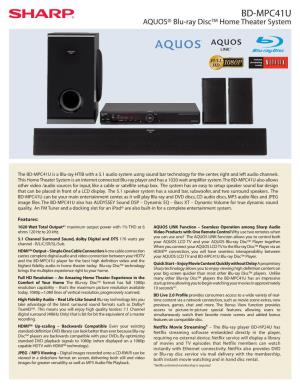BD-MPC41U AQUOS® Blu-Ray Disc™ Home Theater System