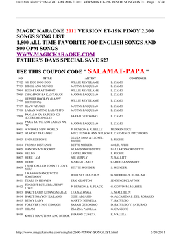 Magic Karaoke 2011 Version Et-19K Pinoy 2,300 Songs