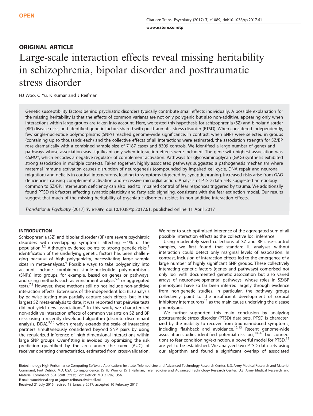 Large-Scale Interaction Effects Reveal Missing Heritability in Schizophrenia, Bipolar Disorder and Posttraumatic Stress Disorder