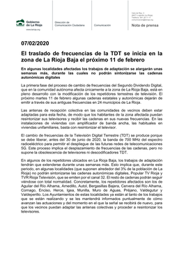 07/02/2020 El Traslado De Frecuencias De La TDT Se Inicia En La Zona De La Rioja Baja El Próximo 11 De Febrero