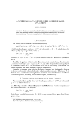 A FUNCTIONAL CALCULUS BASED on the NUMERICAL RANGE. APPLICATIONS the Starting Point of This Work Is the Following Inequality