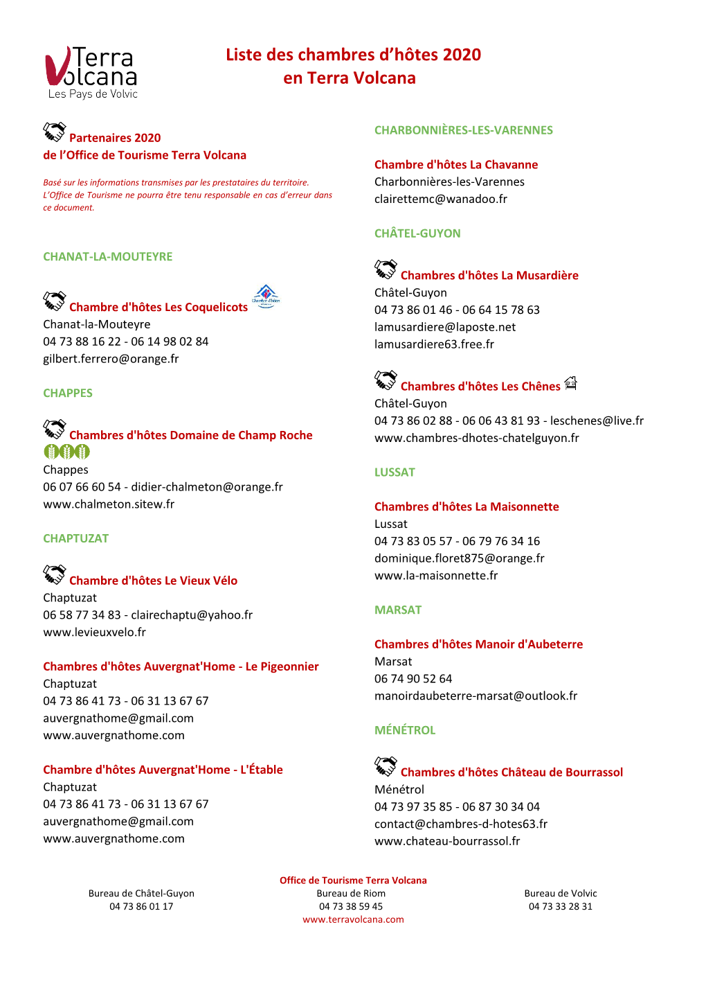 Liste Des Chambres D'hôtes 2020 En Terra Volcana