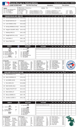 Toronto Blue Jays Vs. Oakland Athletics Tuesday, July 31, 2018 W7:05 P.M