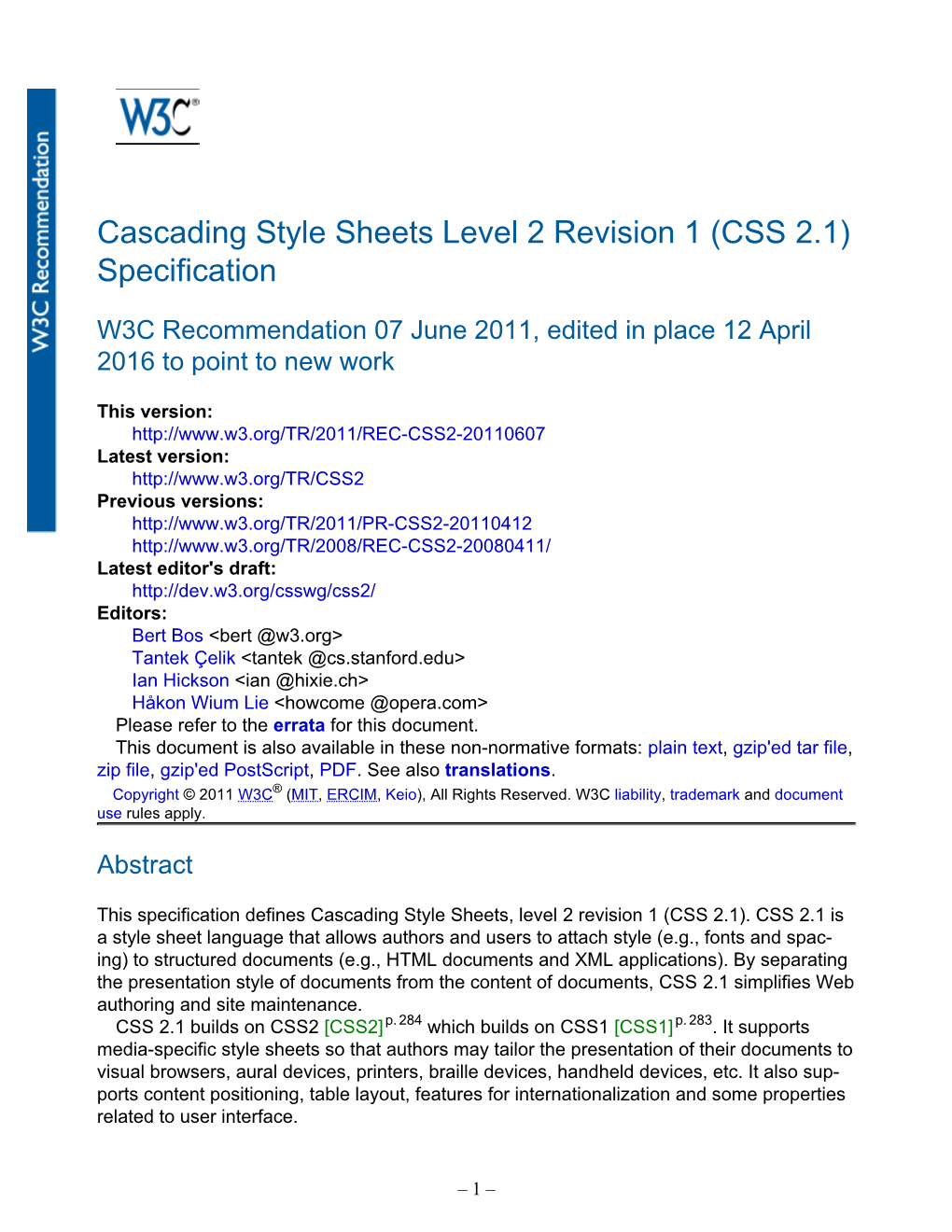 Cascading Style Sheets Level 2 Revision 1 (CSS 2.1) Specification