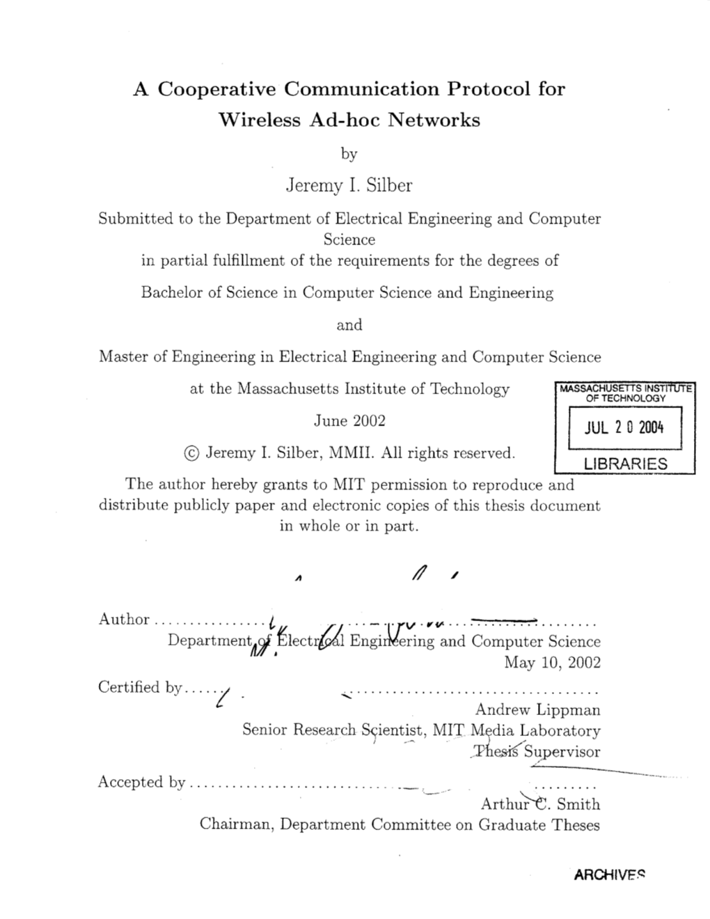 A Cooperative Communication Protocol for Wireless Ad-Hoc Networks by Jeremy I