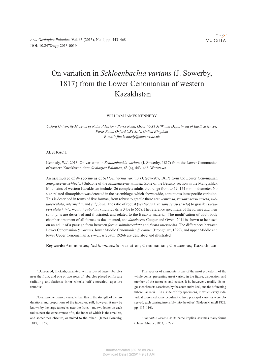 On Variation in Schloenbachia Varians (J. Sowerby, 1817) from the Lower Cenomanian of Western Kazakhstan