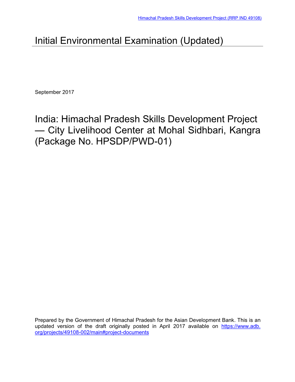 Himachal Pradesh Skills Development Project — City Livelihood Center at Mohal Sidhbari, Kangra (Package No