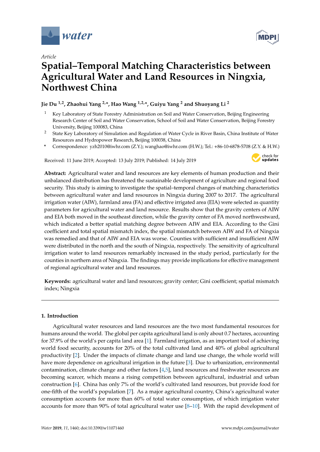 Spatial–Temporal Matching Characteristics Between Agricultural Water and Land Resources in Ningxia, Northwest China