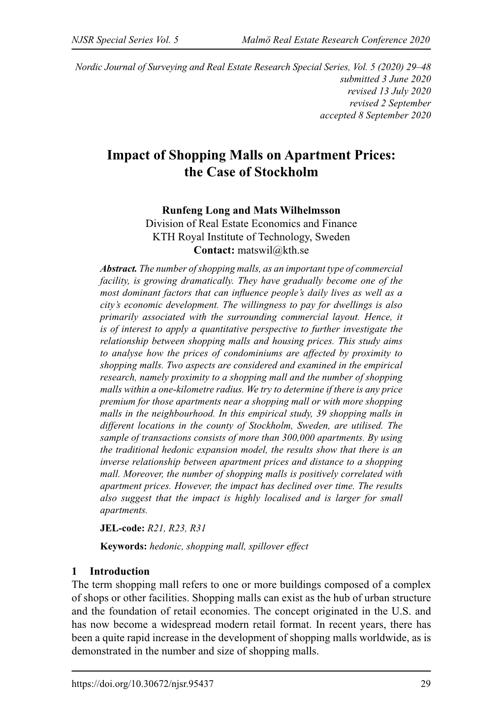 Impact of Shopping Malls on Apartment Prices: the Case of Stockholm