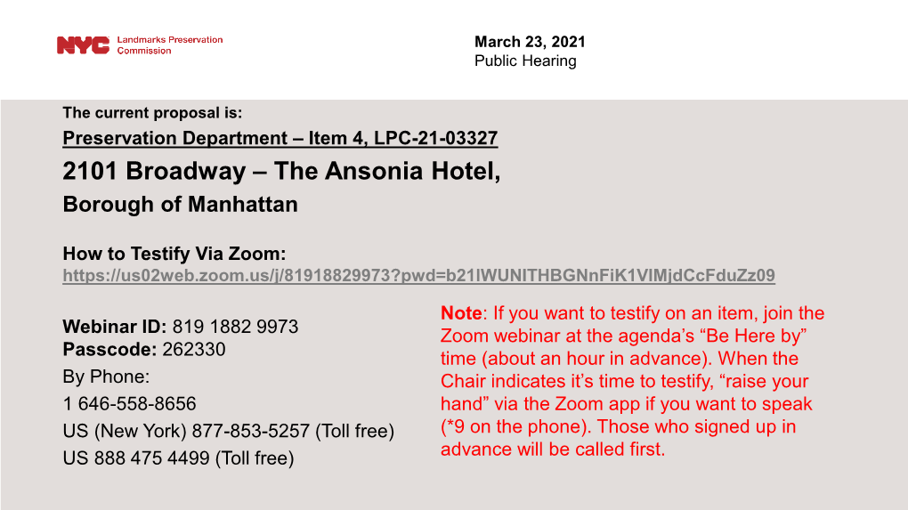 2101 Broadway – the Ansonia Hotel, Borough of Manhattan
