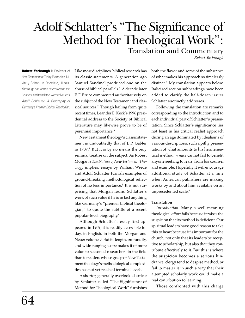 64 Adolf Schlatter's “The Significance of Method for Theological Work”