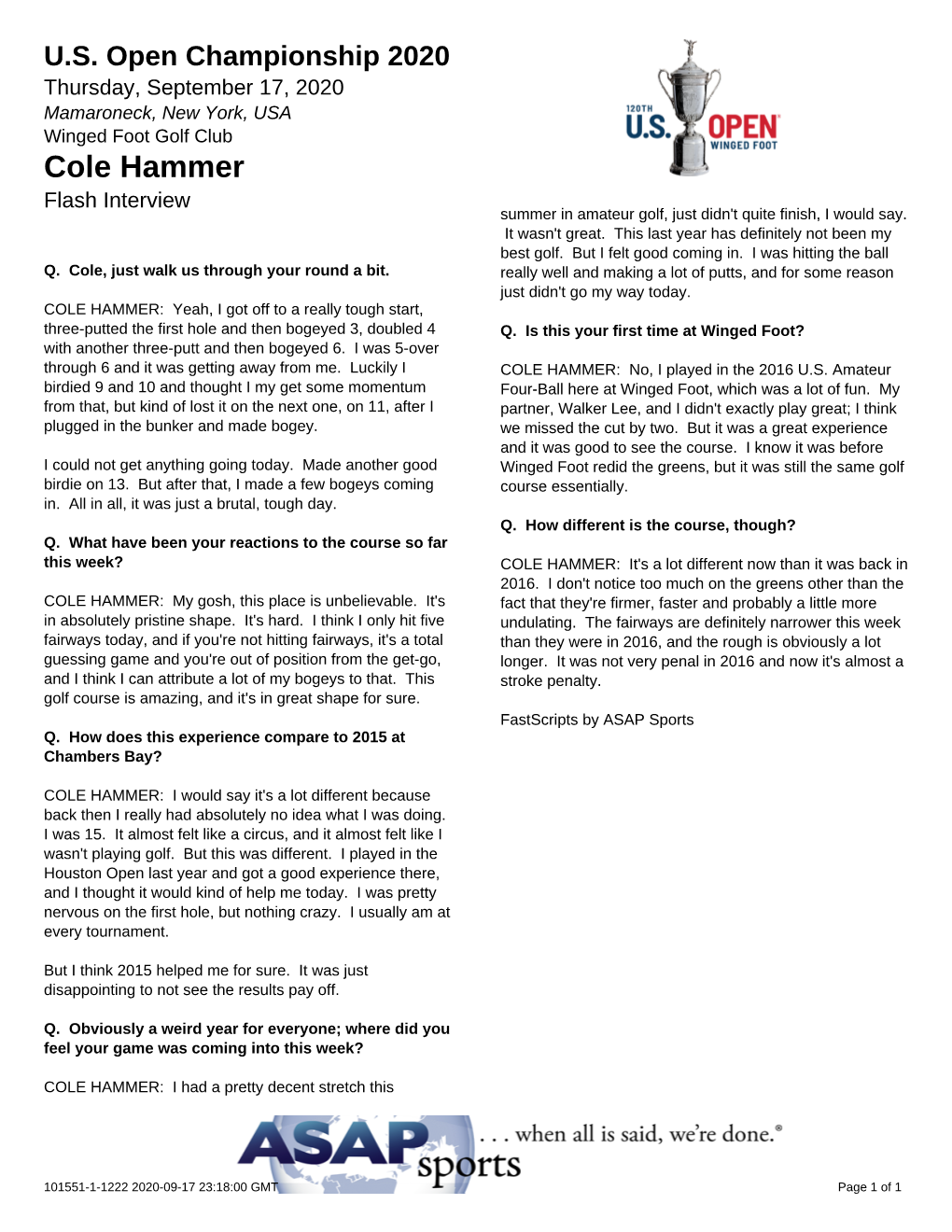 Cole Hammer Flash Interview Summer in Amateur Golf, Just Didn't Quite Finish, I Would Say