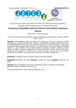 Production of Bioadditive Ethyl Levulinate in the Catalytic Membrane