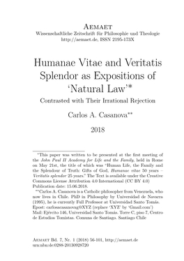 Humanae Vitae and Veritatis Splendor As Expositions of 'Natural Law'