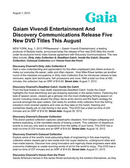 Gaiam Vivendi Entertainment and Discovery Communications Release Five New DVD Titles This August