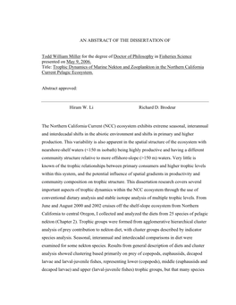 AN ABSTRACT of the DISSERTATION of Todd William Miller for the Degree of Doctor of Philosophy in Fisheries Science Presented On
