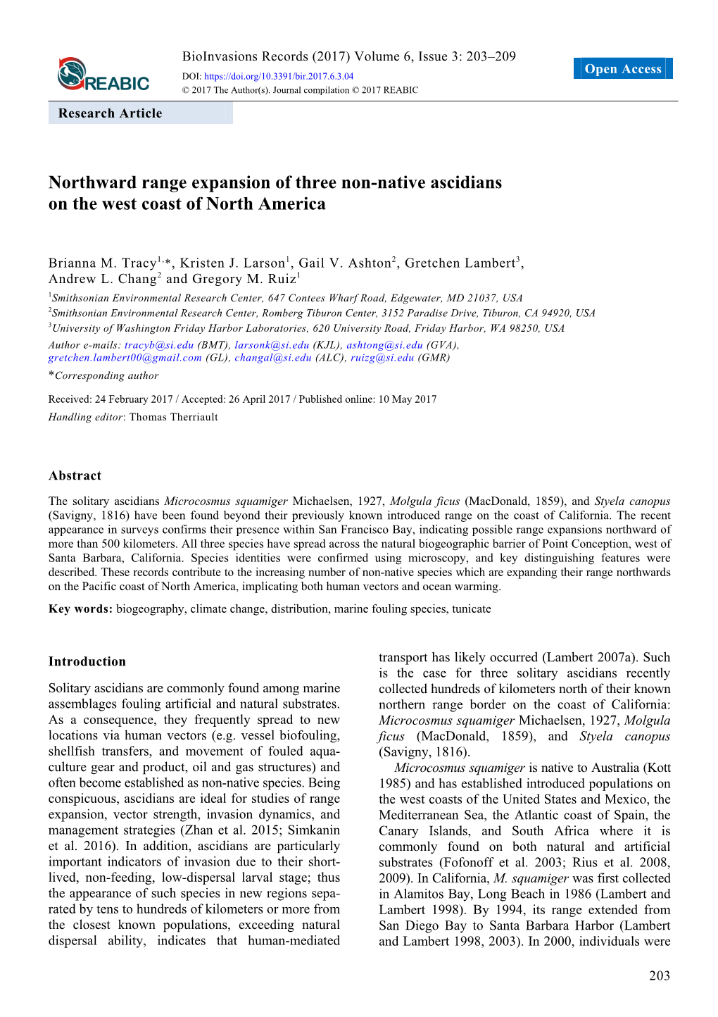 Northward Range Expansion of Three Non-Native Ascidians on the West Coast of North America